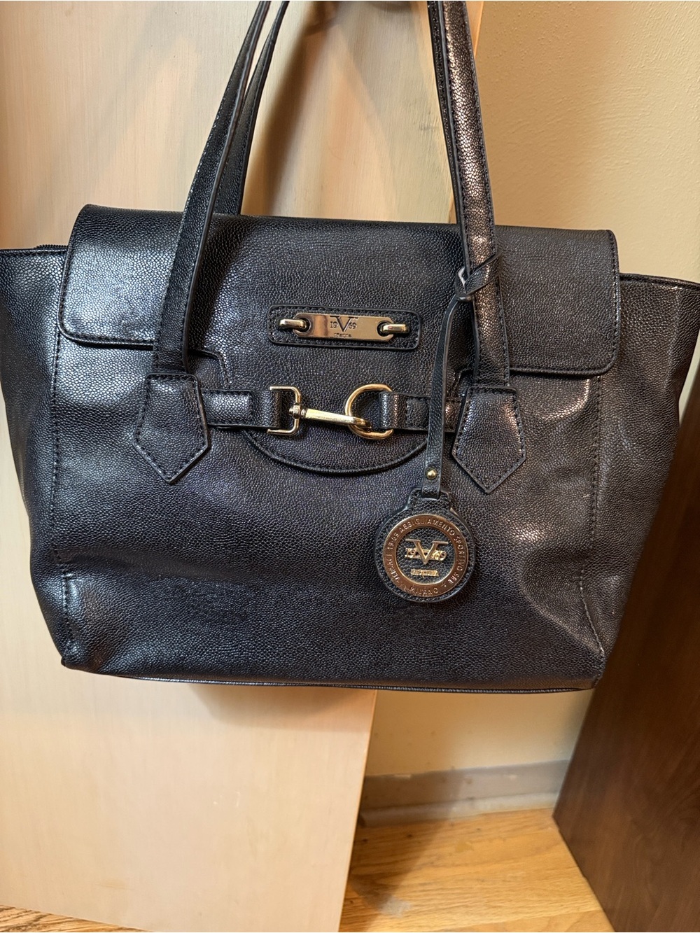 Vince Camuto Black Pebbled Leather Shoulder Tote with Gold Medallion